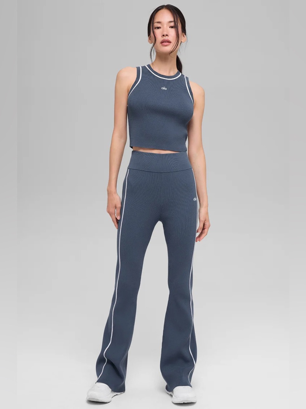 Alo Yoga Ribbed Sweater Knit Highline Flare Pant Size XS Bluestone/White - Picture 2 of 13